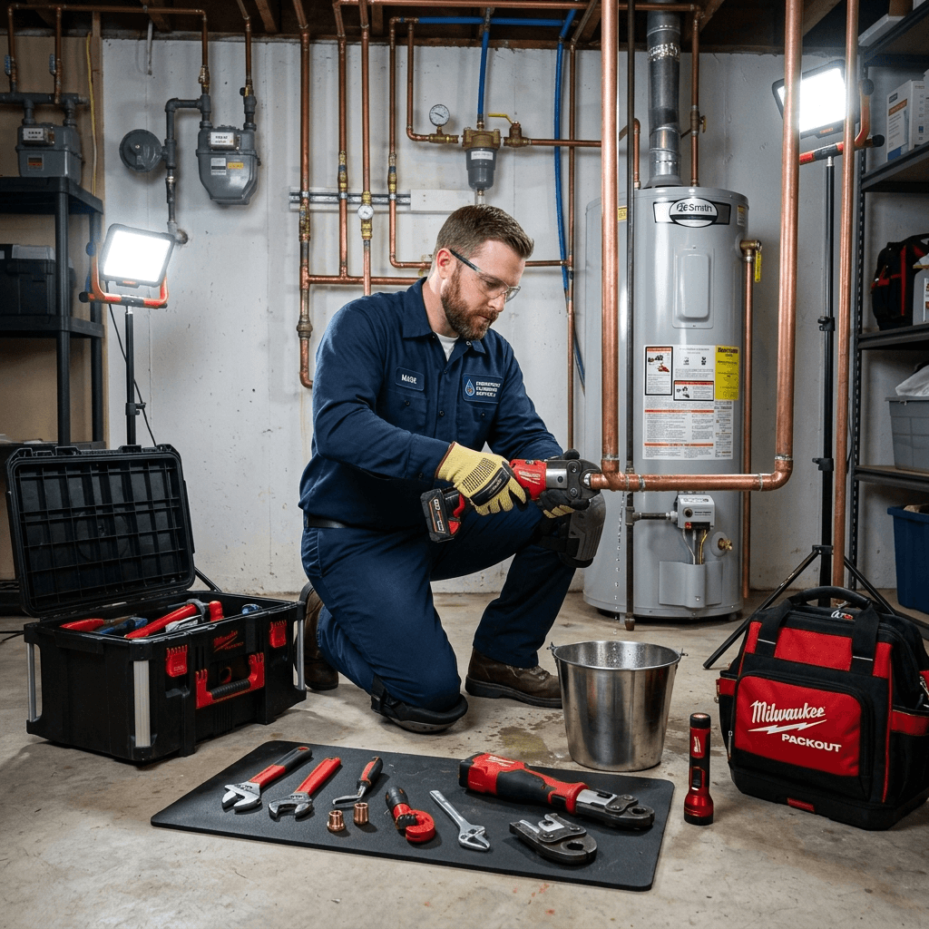 24/7 emergency plumber responding to a call in Russellville, AR